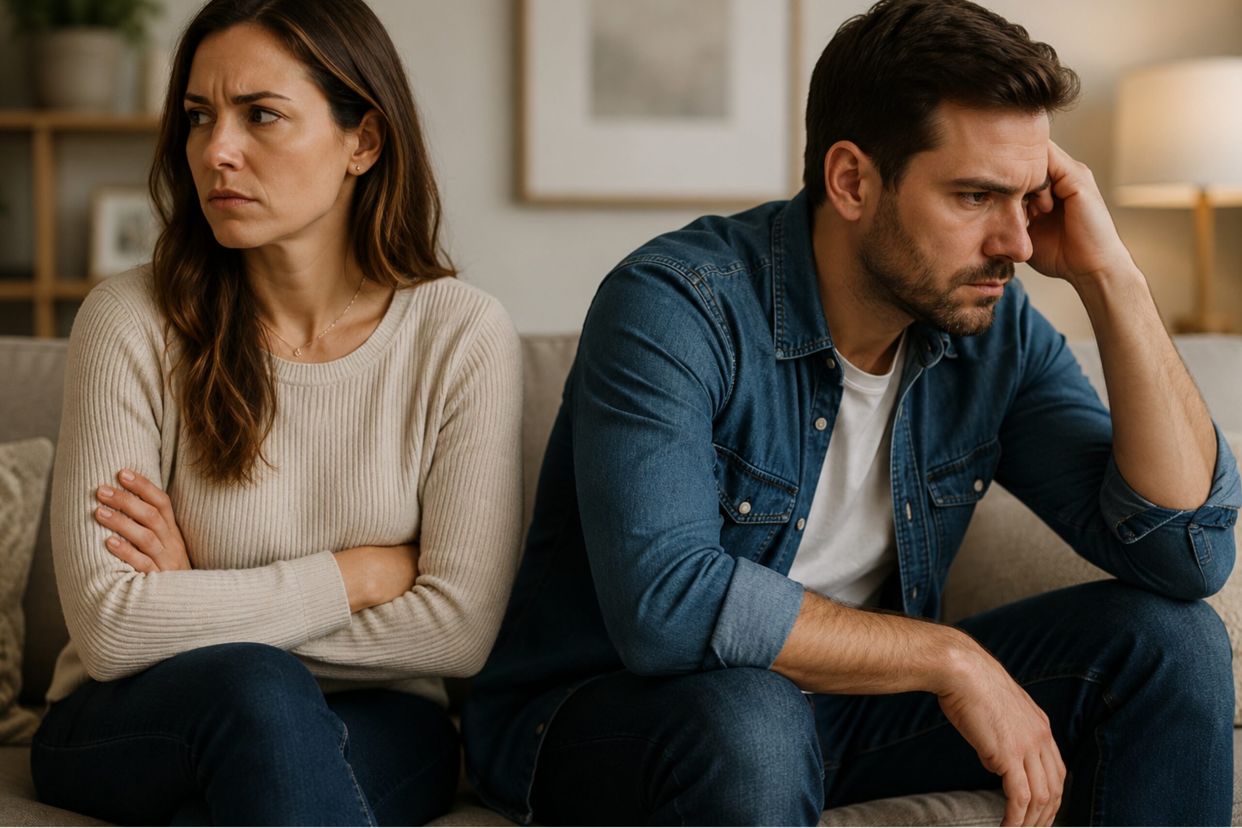 Couple experiencing conflict while sitting apart on a couch